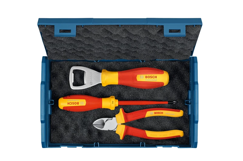 Bosch Professional 3 Pieces Hand Tools Set (incl. 1x VDE Screwdriver (PH1), 1 x VDE Diagonal Side Cutter (160mm) and 1 x Bottle Opener, in L-Boxx Mini)
