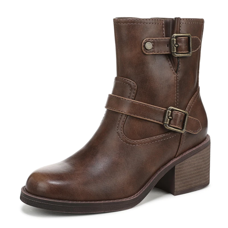 Blowfish Malibu Women's Maeve Heeled Ankle Boots | 100% Vegan Faux Leather Moto-Inspired Bootie in Whiskey Brown | Block Heel Chelsea Boot with Buckle & Grommet Accents | UK 6