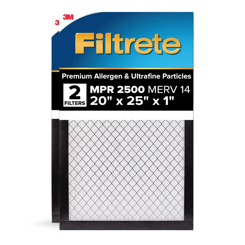 Filtrete 20x25x1 AC Furnace Air Filter, MERV 14, MPR 2500, Premium Ultra Fine Particle, 3-Month Pleated 1-Inch Electrostatic Air Cleaning Filter, 2-Pack (Actual Size 19.69 x 24.69 x 0.81 in)