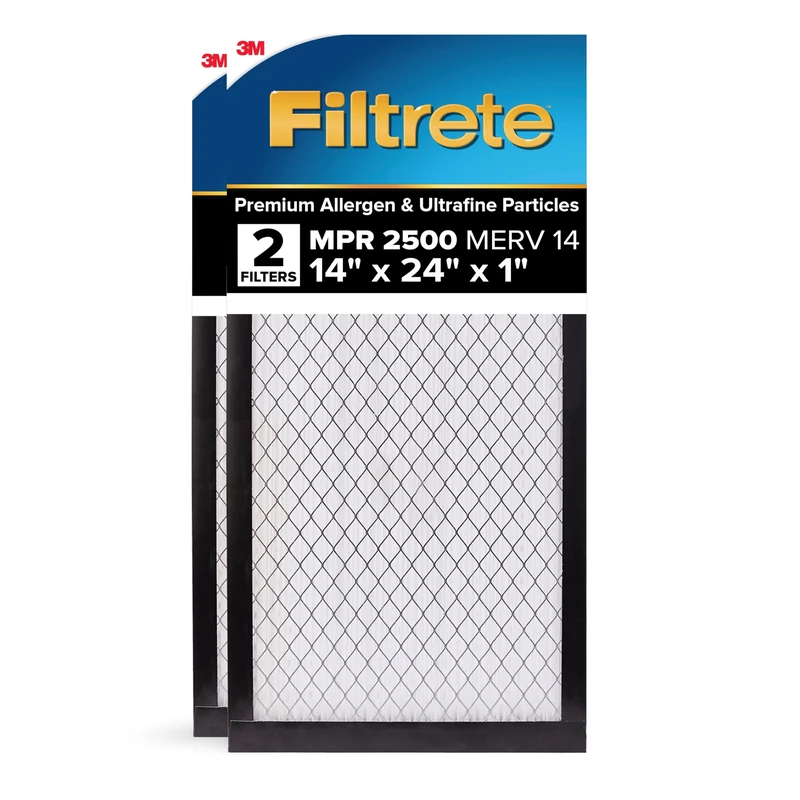 Filtrete 14x24x1 AC Furnace Air Filter, MERV 14, MPR 2500, Premium Ultra Fine Particle, 3-Month Pleated 1-Inch Electrostatic Air Cleaning Filter, 2-Pack (Actual Size 13.81 x 23.81 x 0.81 in)