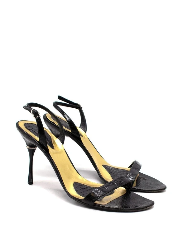 Bottega Veneta Pre-Loved Black Croc Embossed Ankle Strap Sandals