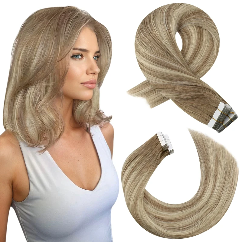 Moresoo Tape in Hair Extensions Human Hair 40pcs Roots Light Brown Ombre Medium Blonde Balayage Tape Hair Extensions Real Remy Human for Women Short Length Straight Hair 12 Inch 60g #8/22/8
