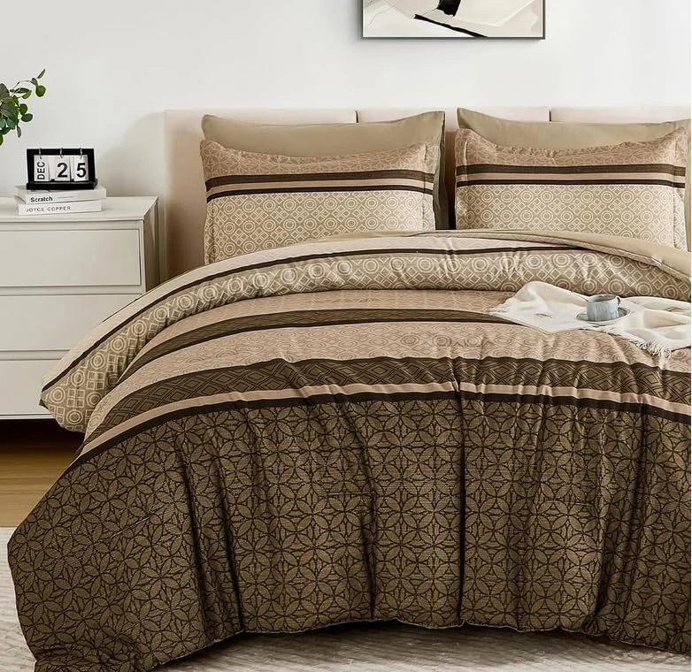 WONGS BEDDING Brown 7 Pieces Comforter Set Striped Comforter Bedding Set-YS01AB090917AI-A