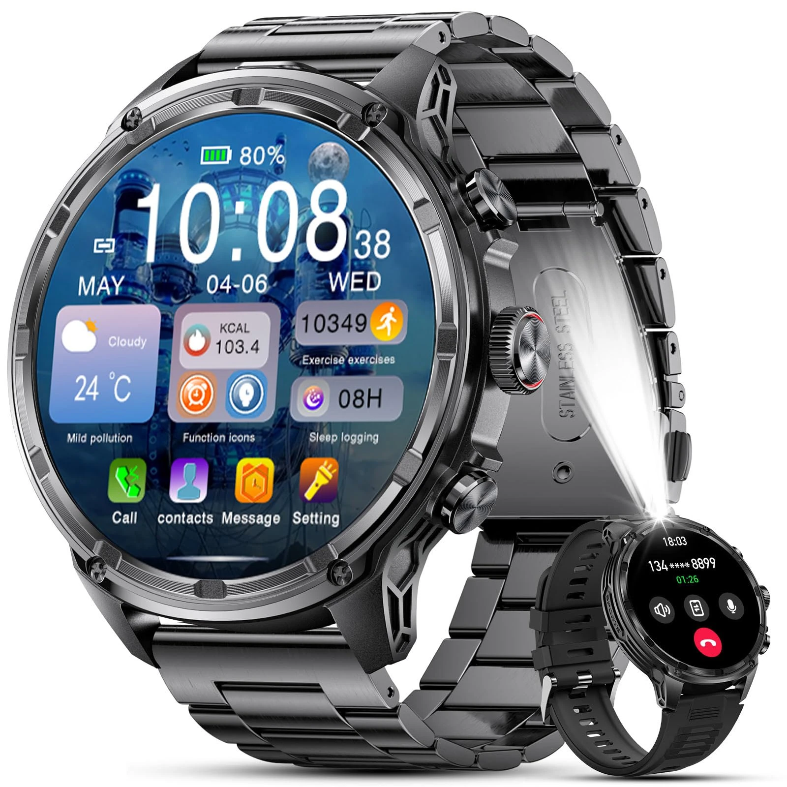 LIGE Military Smart Watch for Men with Bluetooth Call,1.85" HD Large Screen with LED Flashlight/710mAh,100+Sports Mode Tactical Fitness Tracker/Heart Rate Sleep Health Monitor/IP68 for Android iOS