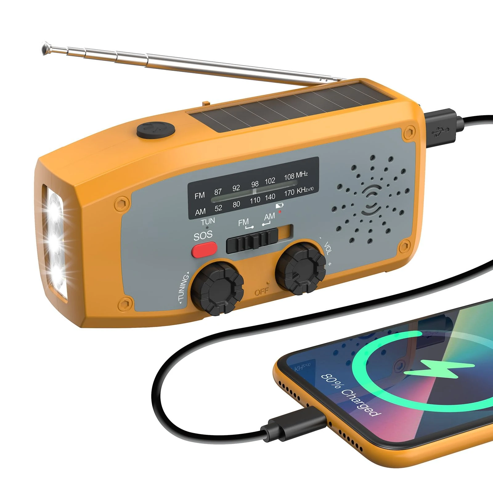 Wind Up Solar Radio, DOLUCKLY Portable Radio Hand Crank Emergency with Survival Kits,SOS Alarm AM/FM wind up radio solar battery torch,2000mAh mains USB Mobile Phone Charger-Orange