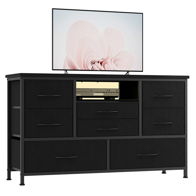 Garvee 8 Drawer Fabric Bedroom Chest of Drawers TV Stand with LED Light Charging Station Storage Unit for Kids Bedroom Living Room Hallway