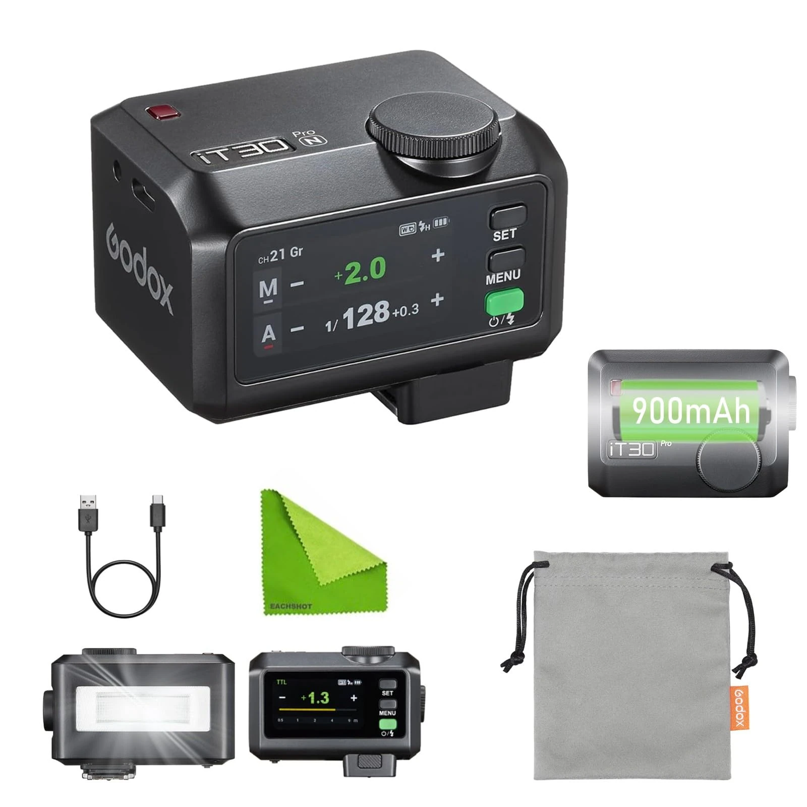 Godox iT30 Pro N Mini Camera Flash, TTL Mode Auto Exposure, 2.4G Wireless HSS 1/8000, 120g Compact Size, 2.8" Touchscreen & Dial, Built-in Diffuser, On-Location Shooting for Nikon(Black)