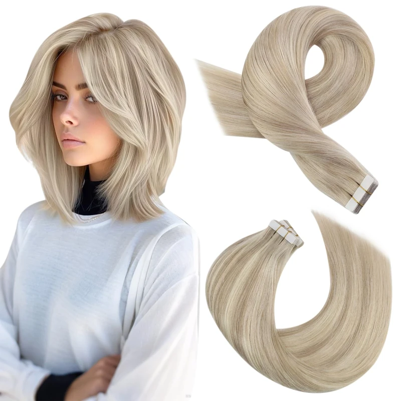 Moresoo Tape in Hair Extensions Human Hair 40pcs Ash Blonde with Bleached Blonde Tape Hair Extensions Real Remy Human for Women Short Length Straight Hair Adding Volume 12 Inch 60g #18/613