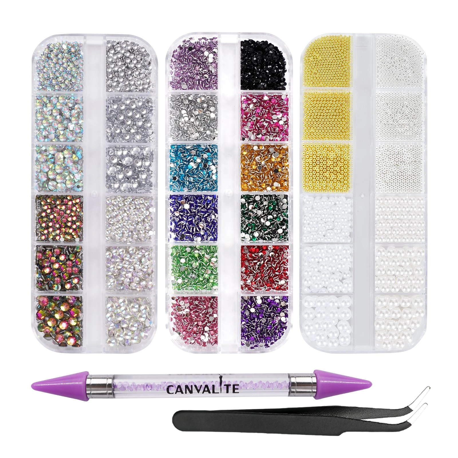 Canvalite 8000PCS Crystal AB Rhinestones for Nail Art - Nail Caviar Beads with Pick Up Tweezers & Dotting Pen，Flat Back Nail Gems for Nails, Clothes, Face, Craft - Nail Art Supplies & Decorations