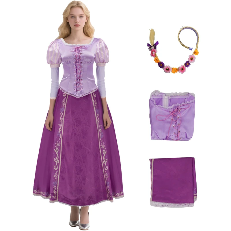 Saephaw Rapunzel Dress Princess Costume for Women Purple Lepe Cosplay Tops Skirt with Braided Wig Headbands for Halloween, Purple, Large