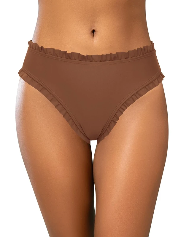 Women Ruched Frill Trim Swimsuit High Waist Bikini Bottoms - Sexy Scallop Cheeky Solid Summer Beach Swim Briefs Brown