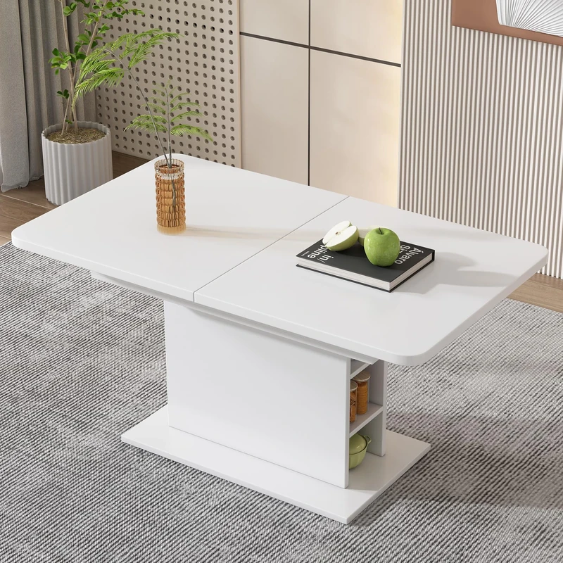 Ball & Cast Extendable Dining Tables with Storage, Modern Rectangular Dining-Table w/Leaf and Open Shelves, 110~130cmL Multi-functional Expandable Kitchen Table for Small Spaces Apartment, White