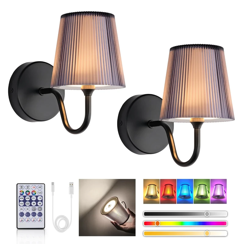 LuminexDesigns Wall Lights, Rechargeable Wall Lights for Living Room, RGB & 3 Colour Temperatures, Dimmable Wireless Picture Lights for Wall, Touch Light with Remote, for Stair Hallway-2Packs