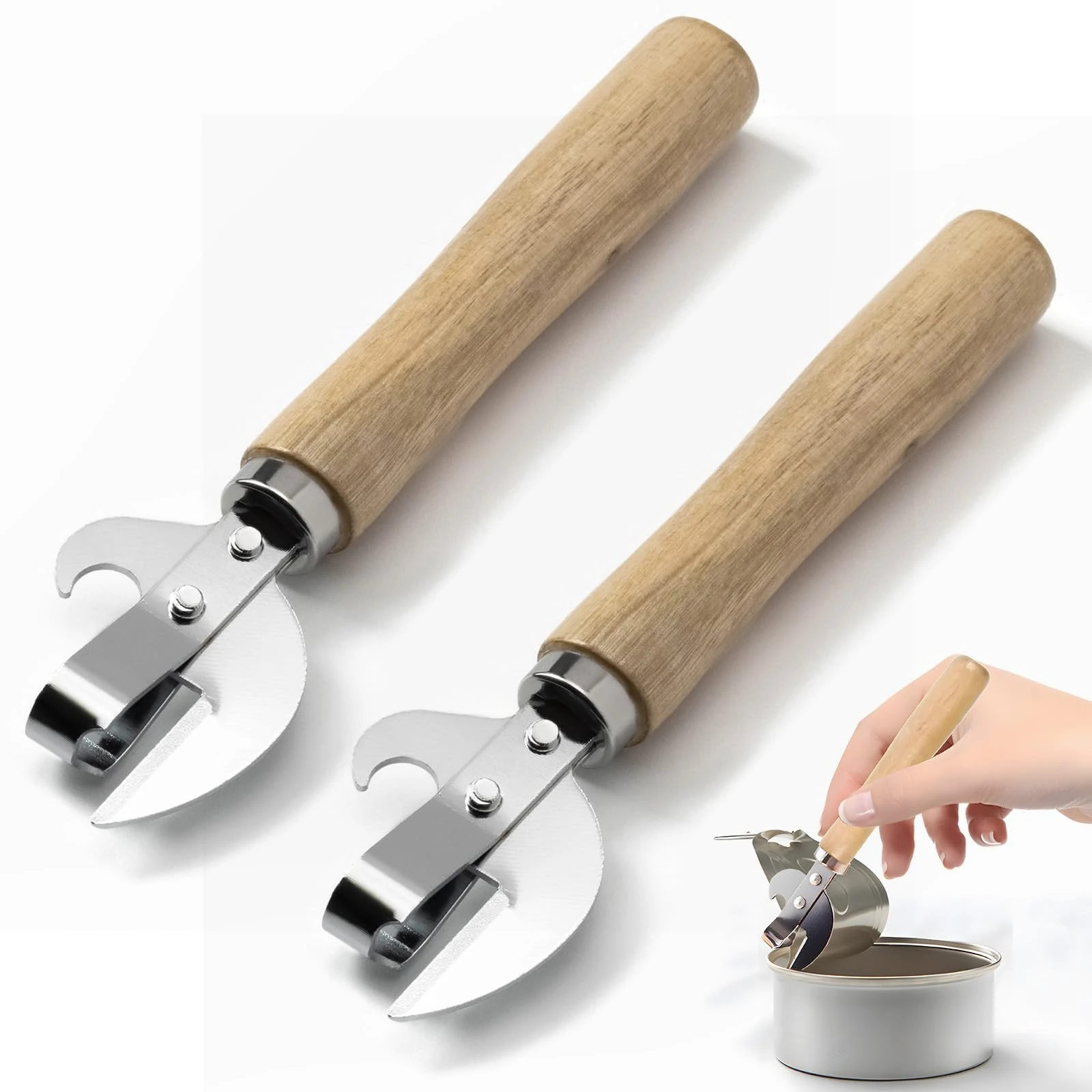 2Pcs Safe Manual Metal Can Opener, Stainless Steel Side Cut Can Opener with Ergonomic Wood Handle, Kitchen Tools