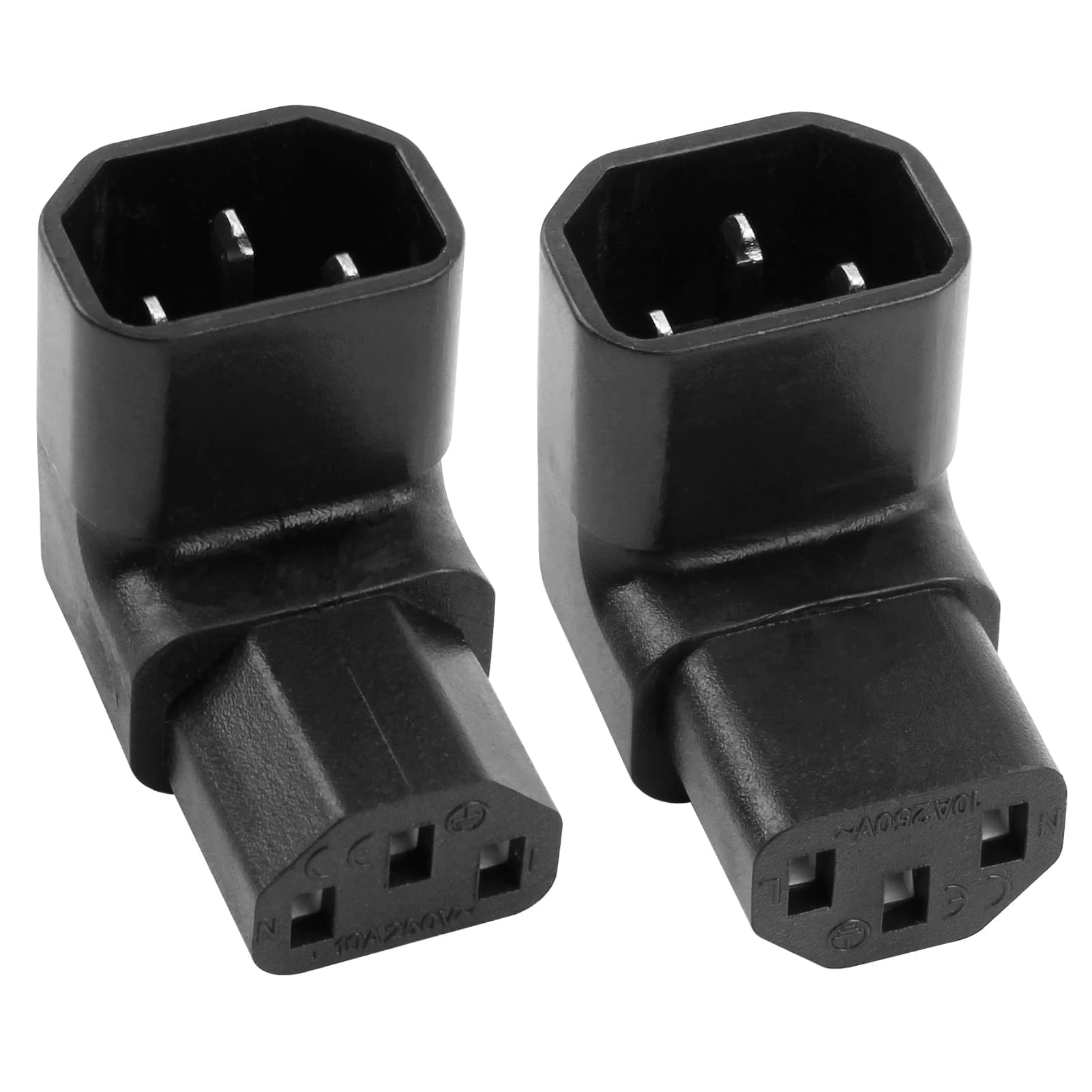 C13 to C14 Connector IEC320 Adapter, 90 Degree Right Angle Kettle Lead Angled Adapter, IEC-Stecker C14 auf C13-Buchse, 250V 10A, Right Angle IEC Cable for PDU, Computer, HDTV (1 Upward, 1 Downward)