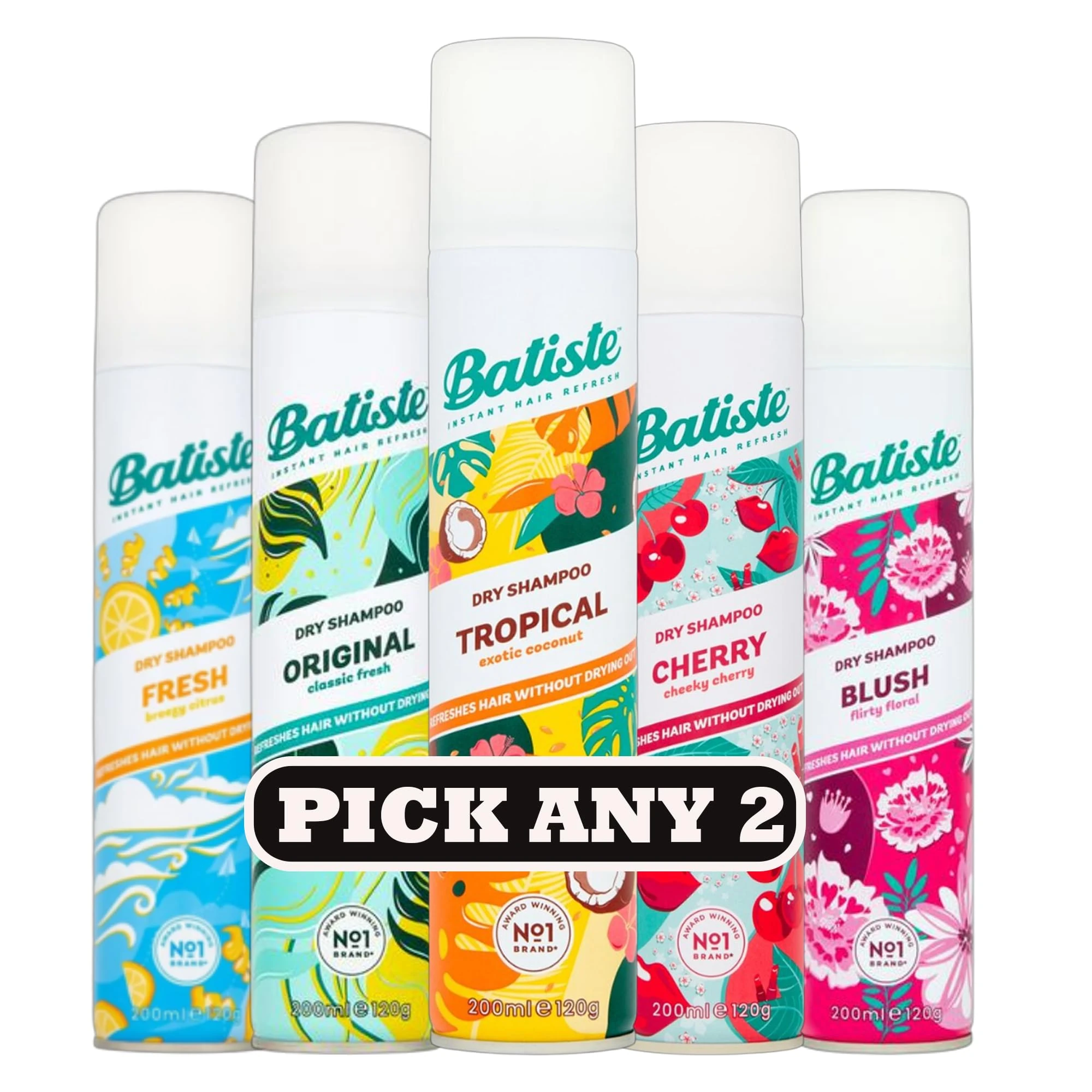 Batiste Dry Shampoo 200ml | Pick Any 2 Scents | Fresh, Original, Tropical, Cherry, or Blush | Instant Hair Refresh Without Water | #No.1 Dry Shampoo