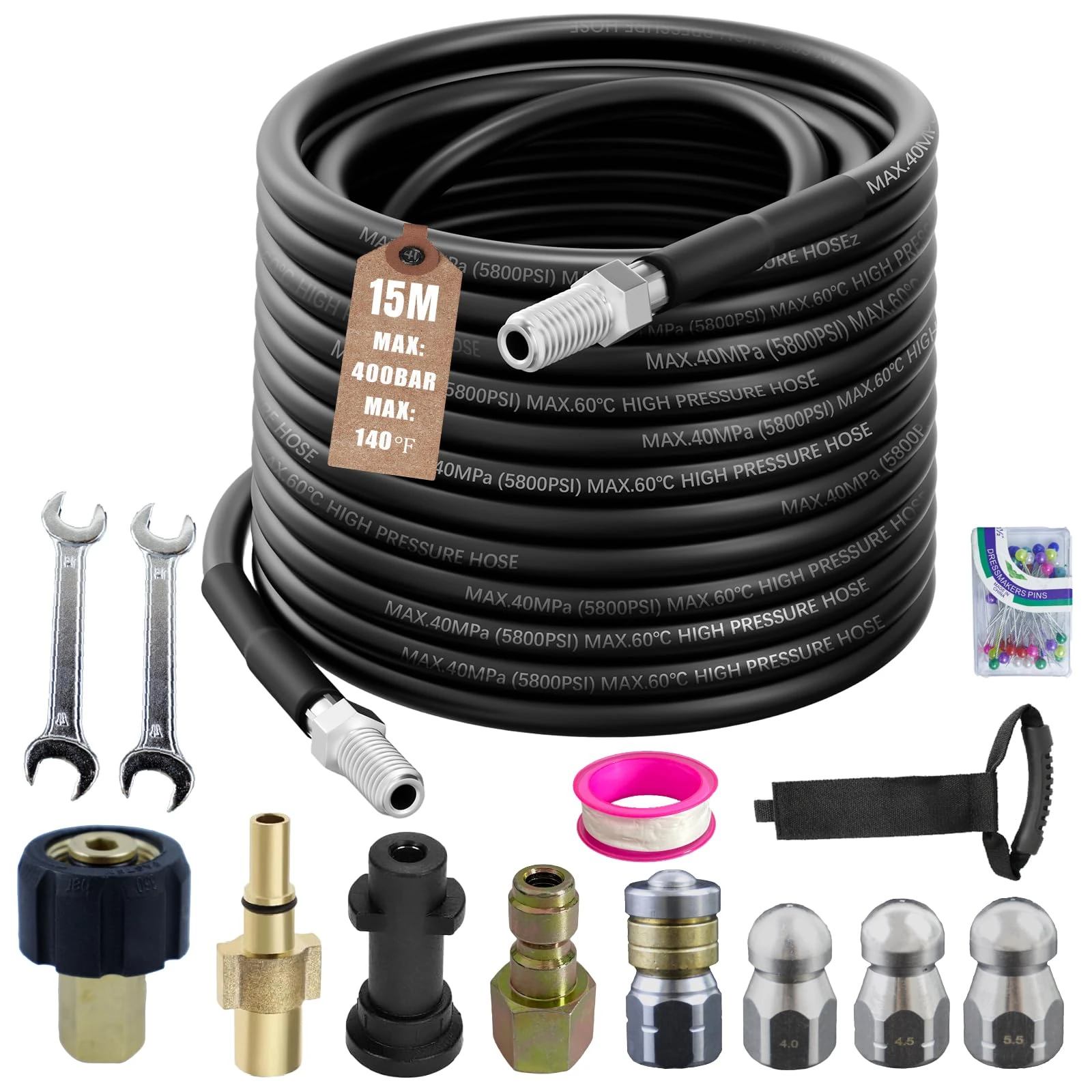15M/50FT High Pressure Washer Drain Pipe Hose Cleaning Kit,Compatible with Karcher K2 K3 K4 K5 K6 K7 Series & Bosch AQT,400 Bar/5800PSI Drain Jetter,Ideal for Blocked Drains, Patios, Driveways
