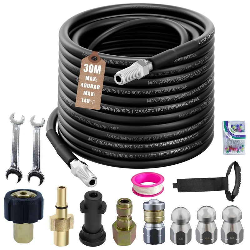 30M/100 FT High Pressure Washer Drain Pipe Hose Cleaning Kit,Compatible with Karcher K2 K3 K4 K5 K6 K7 Series & Bosch AQT,400 Bar/5800PSI Drain Jetter,Ideal for Blocked Drains, Patios, Driveways
