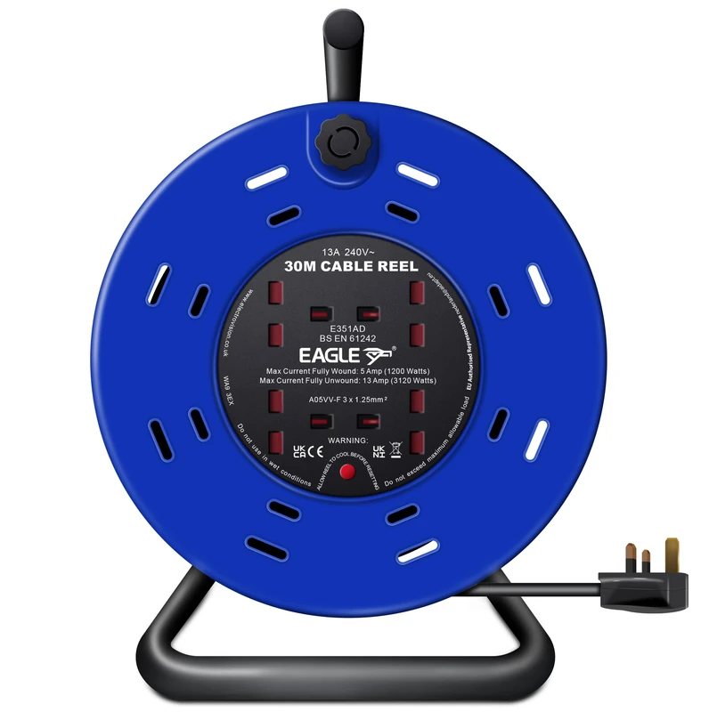 Eagle 4 x UK Plug Socket Extension Reel with A Frame Metal Holder, Restable Thermal Safety Cut Out Protection, Cushioned Easy Hold Handle, Winding Handle, UK Plug. Extending Extension Lead 13 Amps 30m