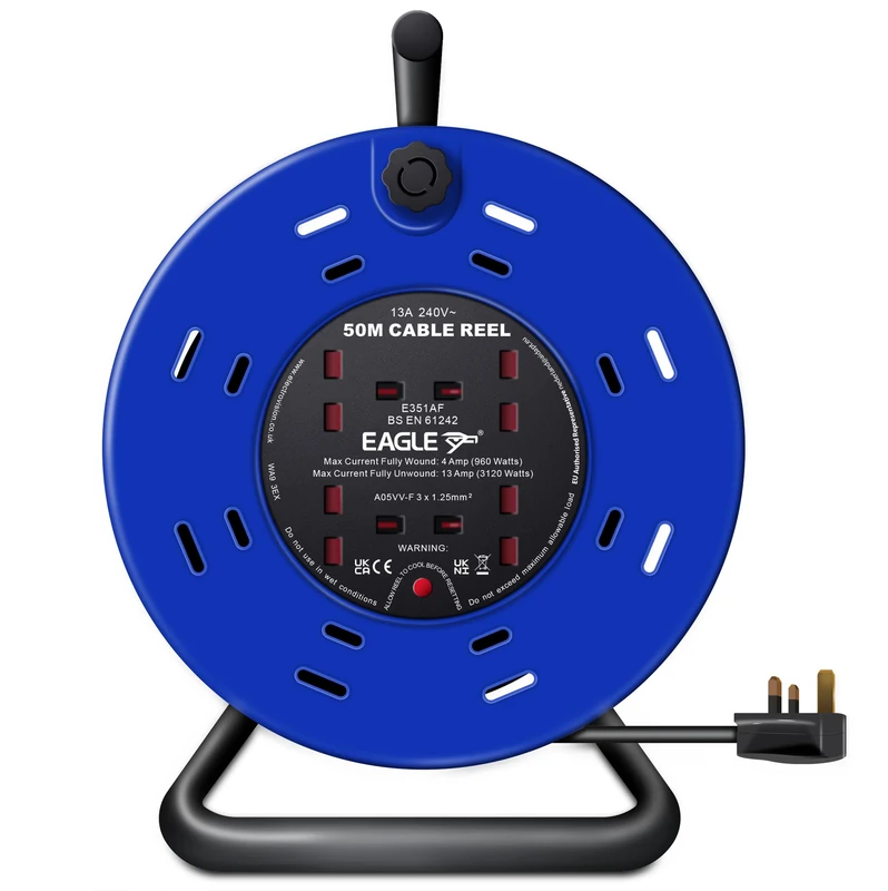 Eagle 4 x UK Plug Socket Extension Reel with A Frame Metal Holder, Restable Thermal Safety Cut Out Protection, Cushioned Easy Hold Handle, Winding Handle, UK Plug. Extending Extension Lead 13 Amps 50m