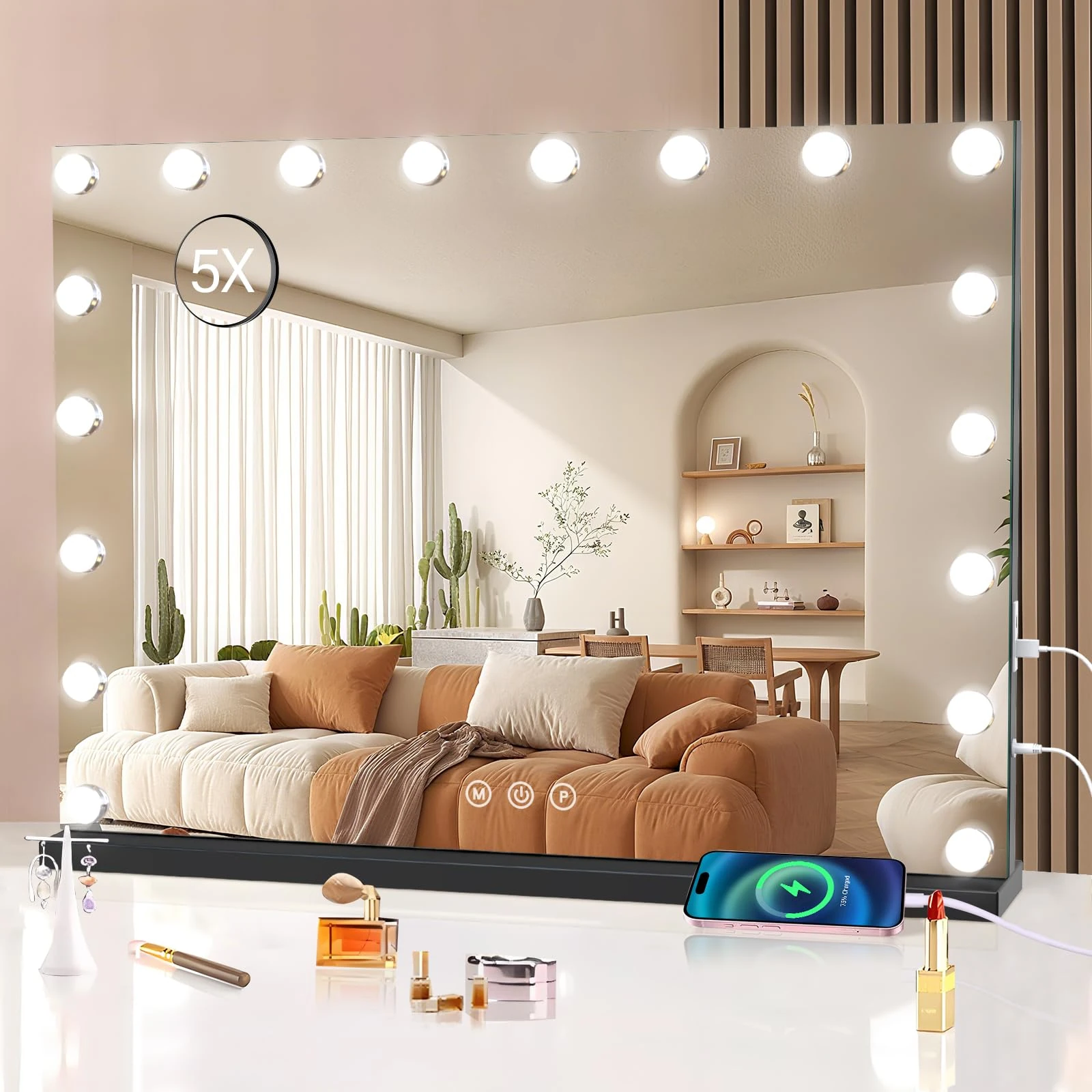 halumao Vanity Mirror with Lights, 80 x 60CM Large Makeup Mirror with LED Lights, Smart Touch Dimmable 3-Color Light, Memory Function, USB Charging Port