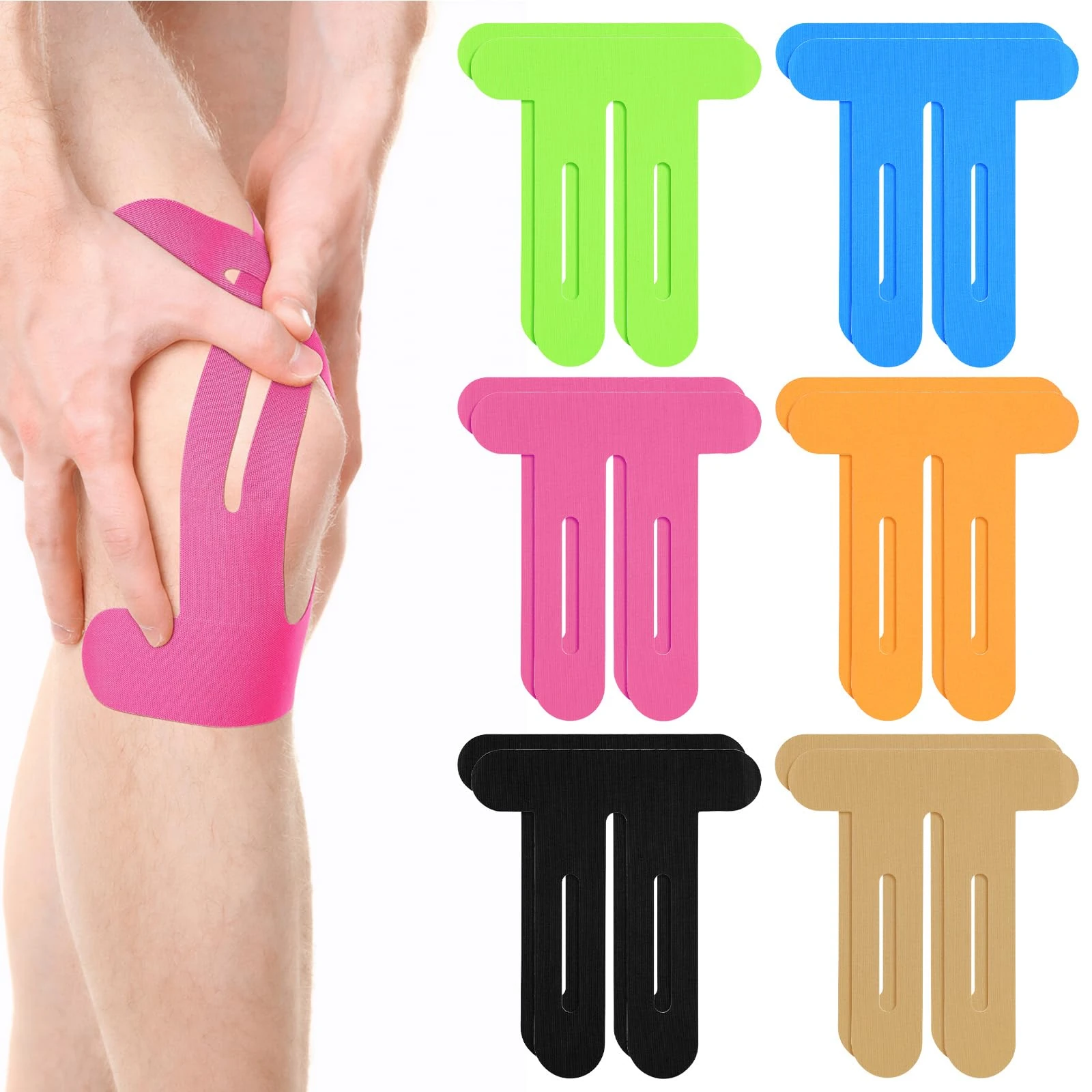 12 PCS Knee Tapes for Knee Pain,Elastic Waterproof Pre Cut Sports Tapes for Muscle Discomfort Relief (Blue, Green, Skin Colour, Orange, Rose, Black)
