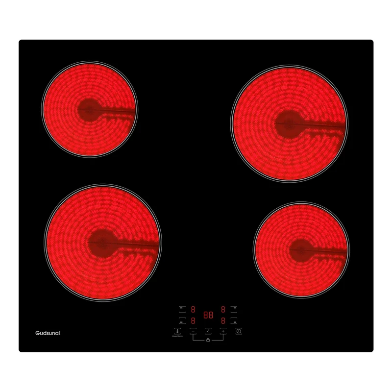 Gudsunal Electric Ceramic Hob with 4 Zones, 6000W, 9 Power Level, Keep Warm,Timer, Child Safety Lock,Residual Heat Indicator, Hard Wired