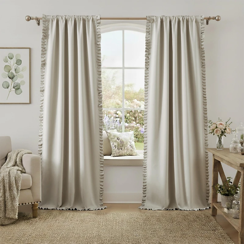 Jubilantex Beige Full Blackout Curtains with Ruffle Heavy Solid Thermal Insulated Window Treatment Set Soft Drapes for Bedroom Living Room Light Blocking Rod Pocket Curtain, 40Wx95L, 2 Panels