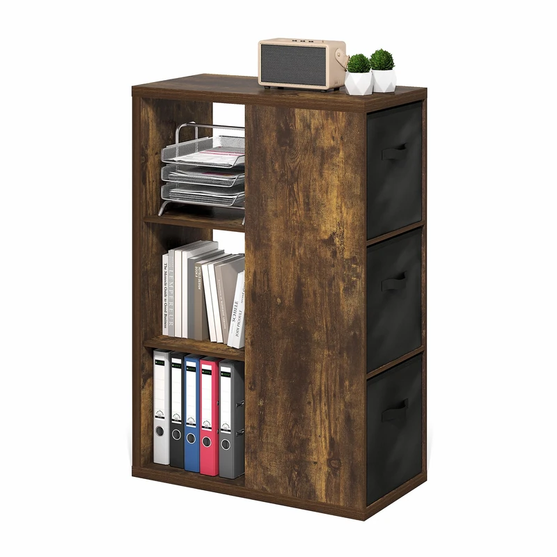 Furinno VIOLA Book Shelf, 3-Tier Bookshelf, Cube Storage Organizer Bookcase with Open Shelf, with Storage Bins, 13.6 x 29.3 x 43.8, for Living Room, Bedroom, Home Office, Amber Pine/Black