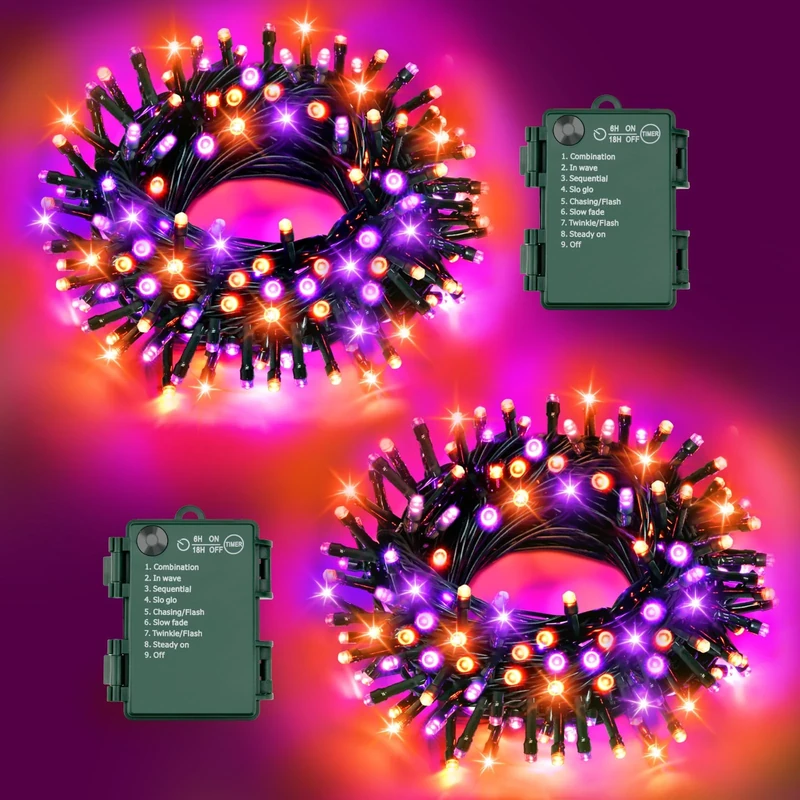 FFZZKJ Halloween Lights - 100 LED, 8 Modes, Timer, Waterproof 16.4ft (2 Pack)