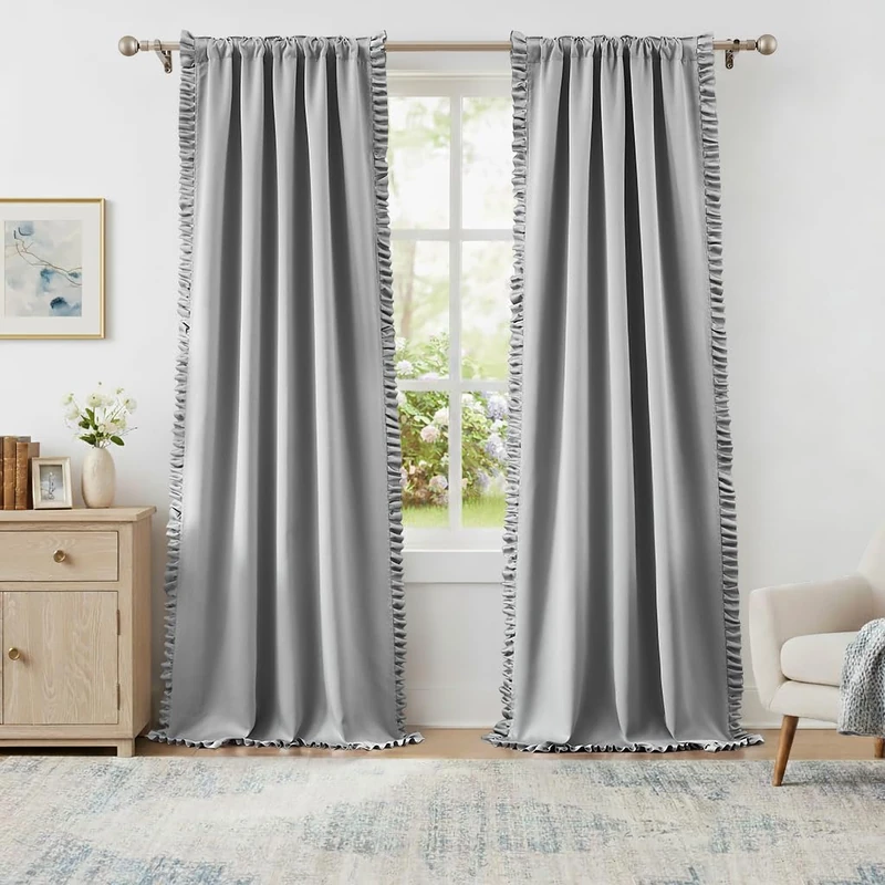 Jubilantex Grey Ruffle Blackout Curtains 84 inch Long Rod Pocket Privacy with Soft Light Filtering French Country Flowy Drapes for Living Room Farmhouse Bedroom, 2 Panels, 40 Wide