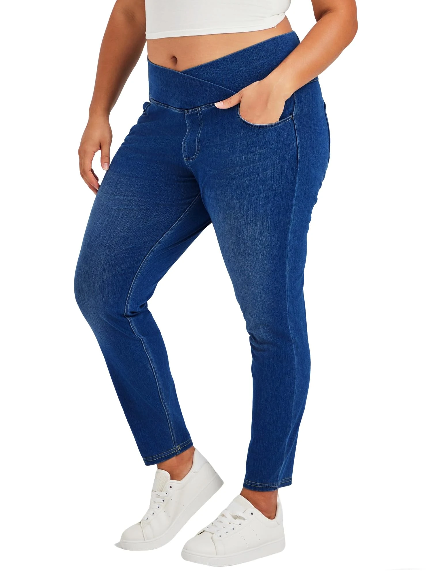 LaiEr Women V Crossover Skinny Jeans High Waist Tummy Control Casual Fitness Leggings,Supple Elasticity Casual Denim Pants uitable for Yoga,Fitness,and Leisure,with Side Pockets.(DarkBlue,XXL)
