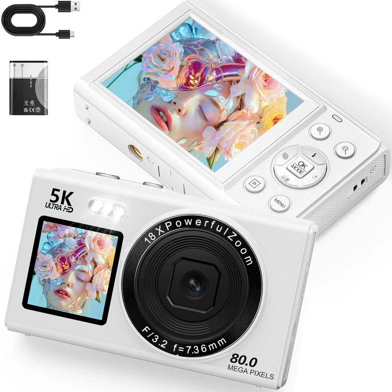 Digital Camera 5K Vlogging Camera 80MP cameras for photography Portable Compact Photo Camera with 2.4'' LCD Screen & 1.5'' Selfie screen, 18X Digital Zoom, 32G SD Card for Teens Adult Beginners, White