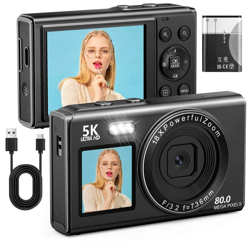 Digital Camera 5K Vlogging Camera 80MP cameras for photography Portable Compact Photo Camera with 2.4'' LCD Screen & 1.5'' Selfie screen, 18X Digital Zoom, 32G SD Card for Teens Adult Beginners, Black