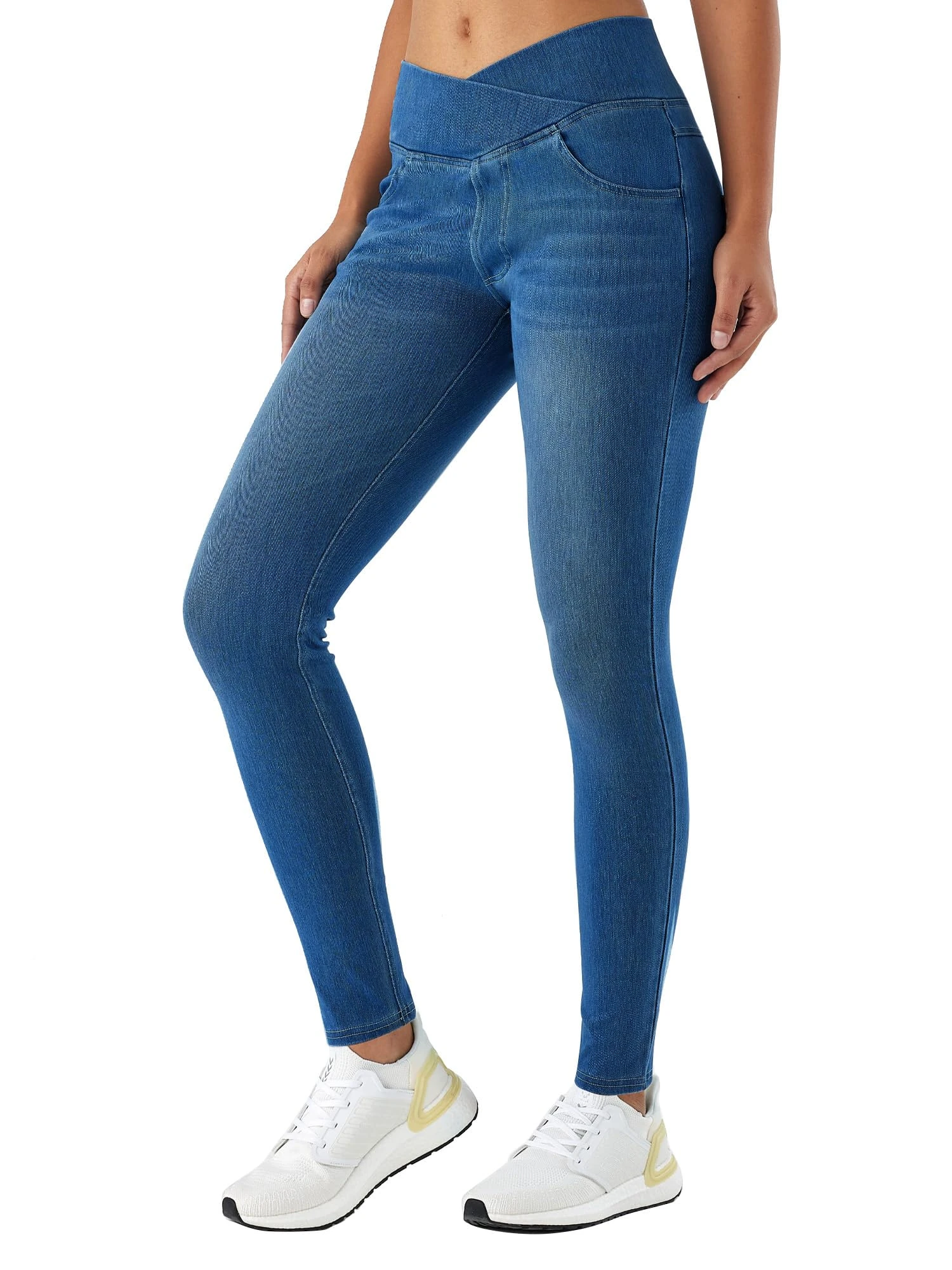 LaiEr Women V Crossover Skinny Jeans High Waist Tummy Control Casual Fitness Leggings,Supple Elasticity Casual Denim Pants uitable for Yoga,Fitness,and Leisure,with Side Pockets.(MediumBlue,XS)