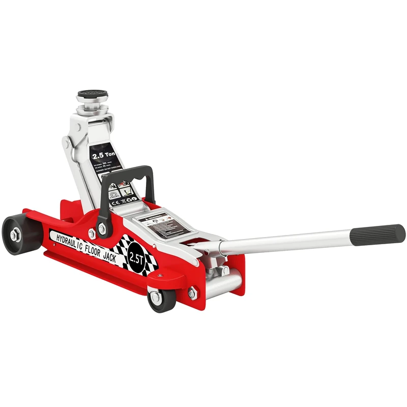 HOMCOM Hydraulic Low Profile Floor Jack, 2.5 Tonne Heavy Duty Steel Trolley Car Jack Lift with 80-360 mm Lifting Range, Wheels, Top Handle, Red