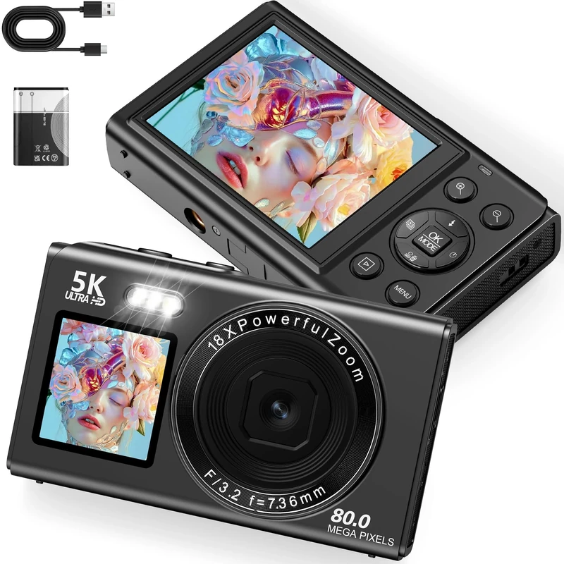 Longyi Digital camera, 5k 80MP Photography Camera for Vlogging with SD Card, WIFI, 18X Digital Zoom, 1.5' Rear Selfie Screen, Compact Digital Camera for Kids Childrens Teens Beginners as Gift (White)