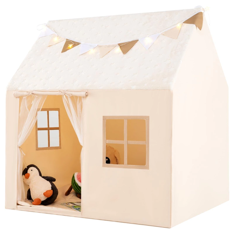 GYMAX Large Kids Tent, Play Tent with Padded Mat, Glow in the Dark Stars, Star Lights, Flags, Gauze Curtains & Windows, Indoor Children Playhouse for 3-14 Years Old, 119x104x129cm (Beige)