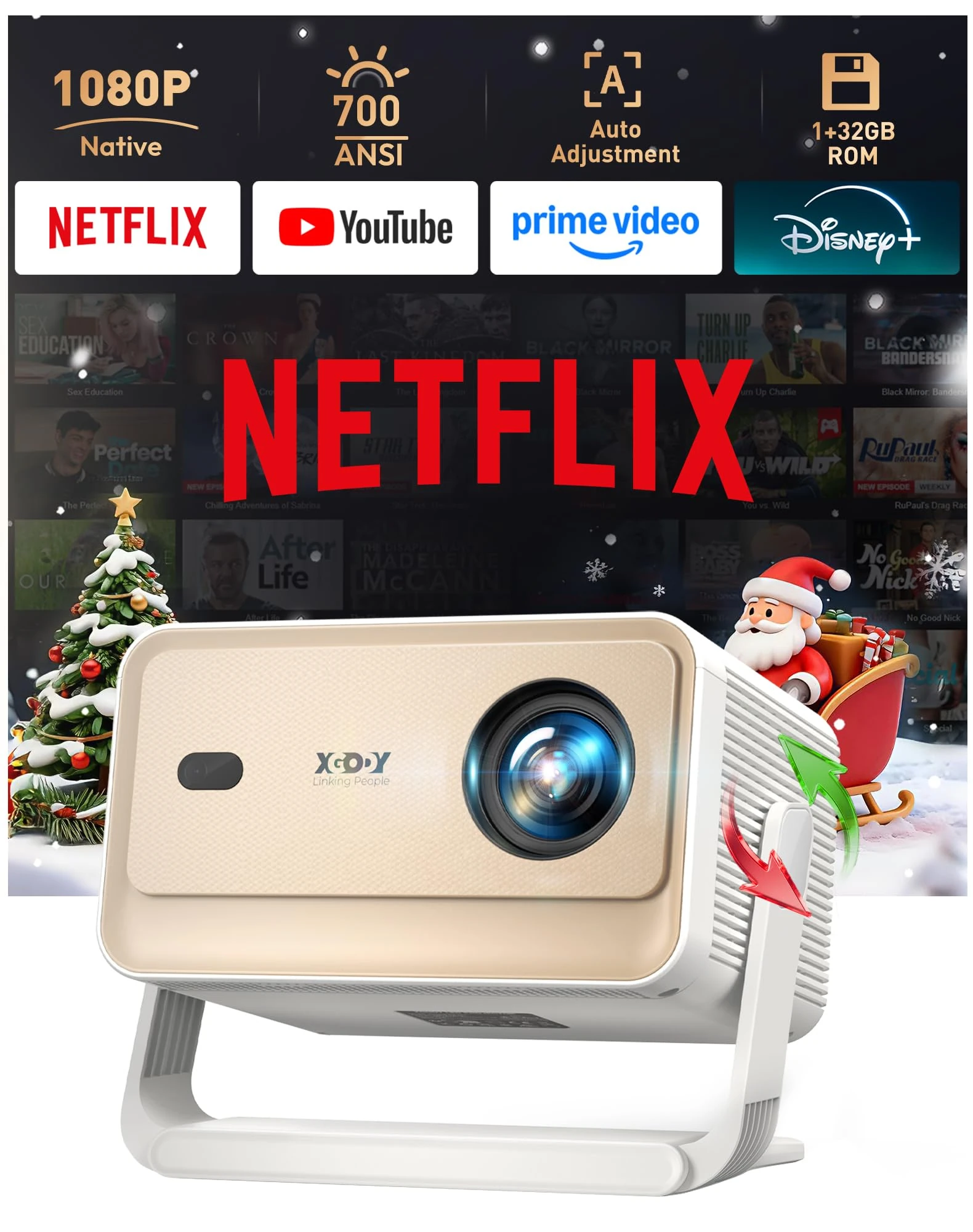 Compatible with Netflix & Auto Focus Smart 4k Projector, Gifts for Christmas, XGODY 700ANSI 1080P with 4D Auto Keystone Correction, WiFi 6 Bluetooth 5.4, Full HD Projector for Bedroom, Home Cinema