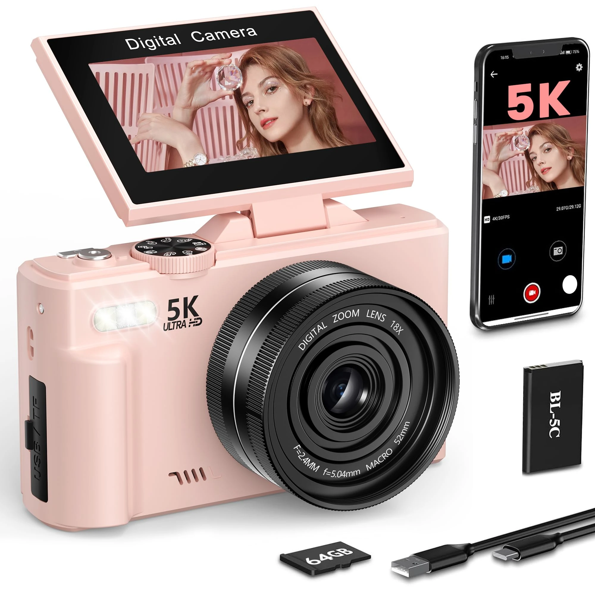 LONGYI Digital Camera 5K 75MP Cameras for Photography Vlogging with WIFI, 64GB Card, 18X Zoom,3.0" LCD 180° Flip Screen Compact Photo Camera for Travel Youtube Beginners Adults（Pink）