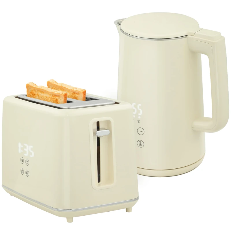 HOMCOM Digital Stainless Steel Kettle and Toaster Set, 1.5L 3000W Fast Boil Kettle, 2 Slice Toaster with 7 Level Browning Controls, Defrost, Reheat, Keep Warm, Crumb Tray and LED Touch Display, Beige