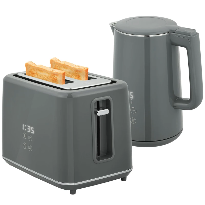 HOMCOM Digital Stainless Steel Kettle and Toaster Set, 1.5L 3000W Fast Boil Kettle, 2 Slice Toaster with 7 Level Browning Controls, Defrost, Reheat, Keep Warm, Crumb Tray and LED Touch Display, Grey