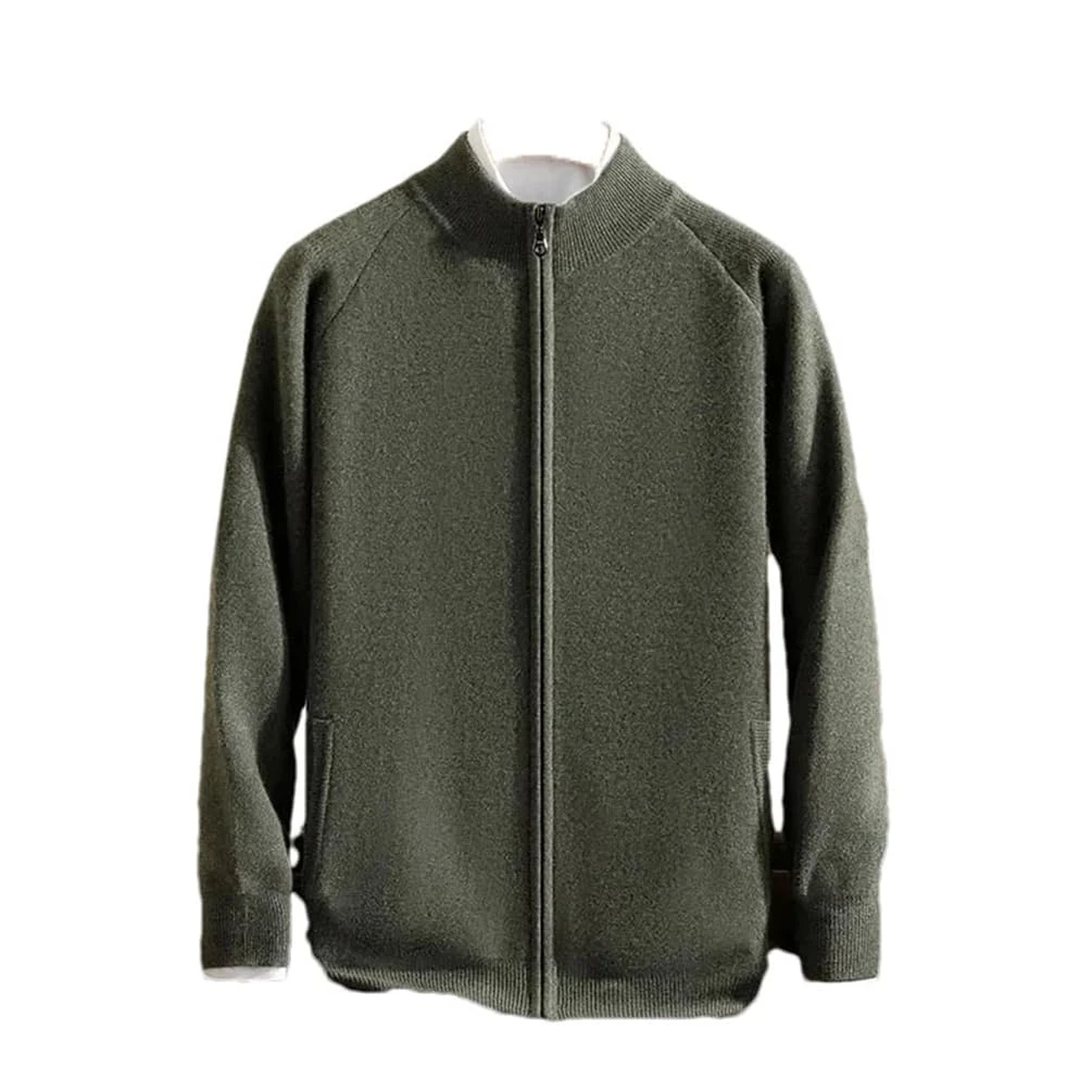 Men 100 Percent Cashmere Open Cardigan Men's Loose Thickened Zipper Casual Knitted Crew Neck Cardigan Olive EN8 M