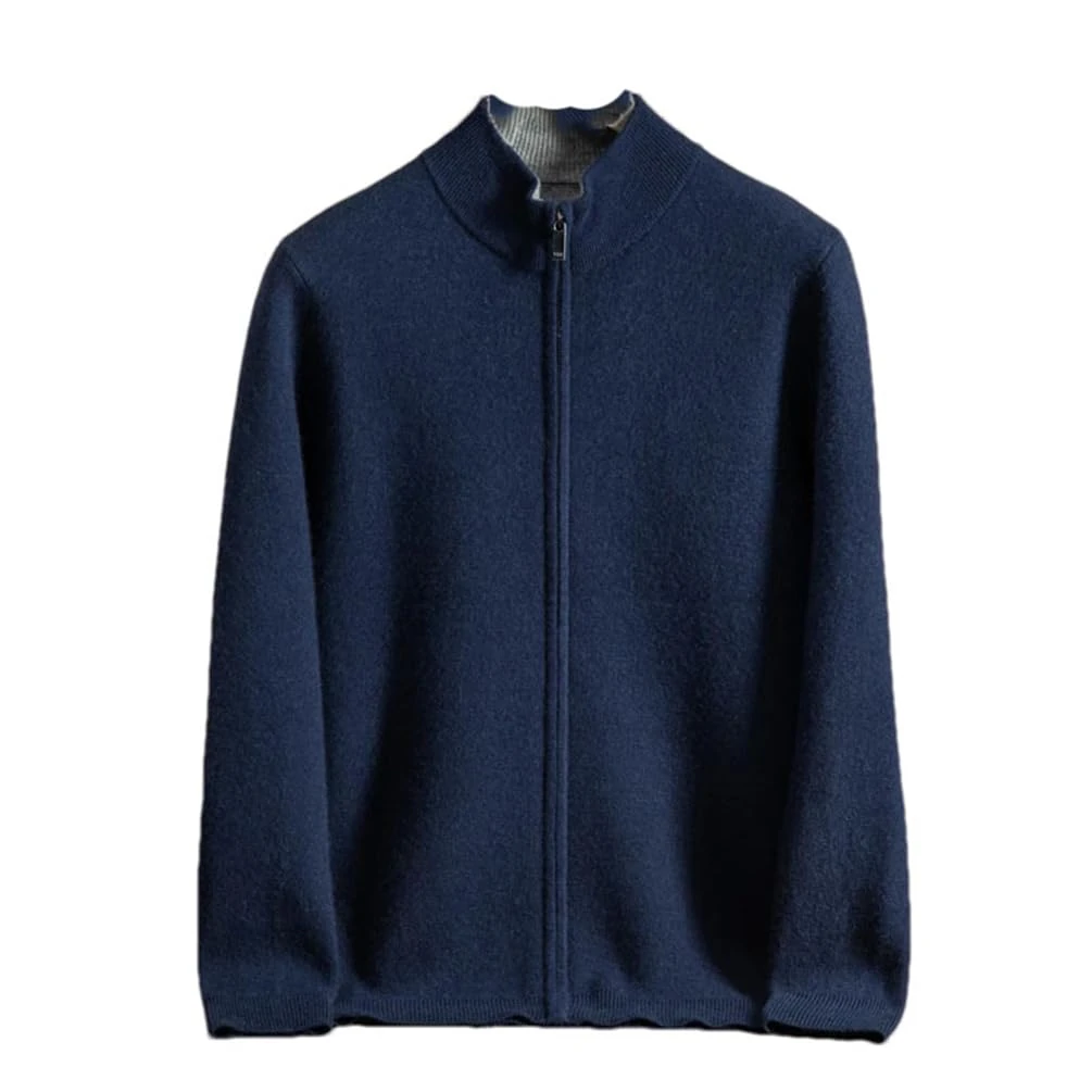 Men 100 Percent Cashmere Knitted Cardigan Men's Half High Neck Sweater Casual Zipper Thickened Cardigan Dark Blue XXXL