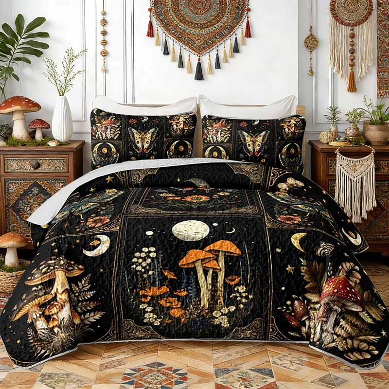 HOSIMA Boho Butterfly Mushroom Patchwork Quilt Queen with 2 Pillowcases.