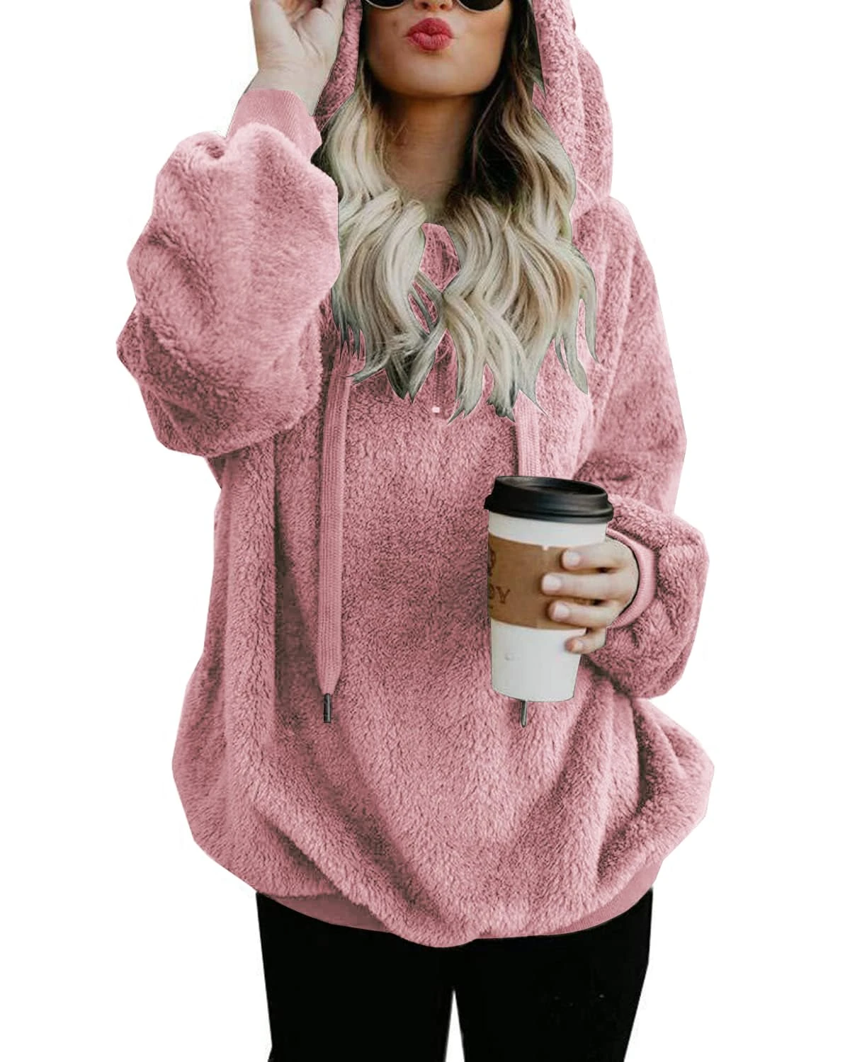 Hormtaer Womens Fleece Hoodie Oversized Jacket Casual Jumper Loose Long Sleeve Coat Winter Sweatshirt Warm Fuzzy Fluffy Zip Tops Pullover with Pockets (Pink, XXL)