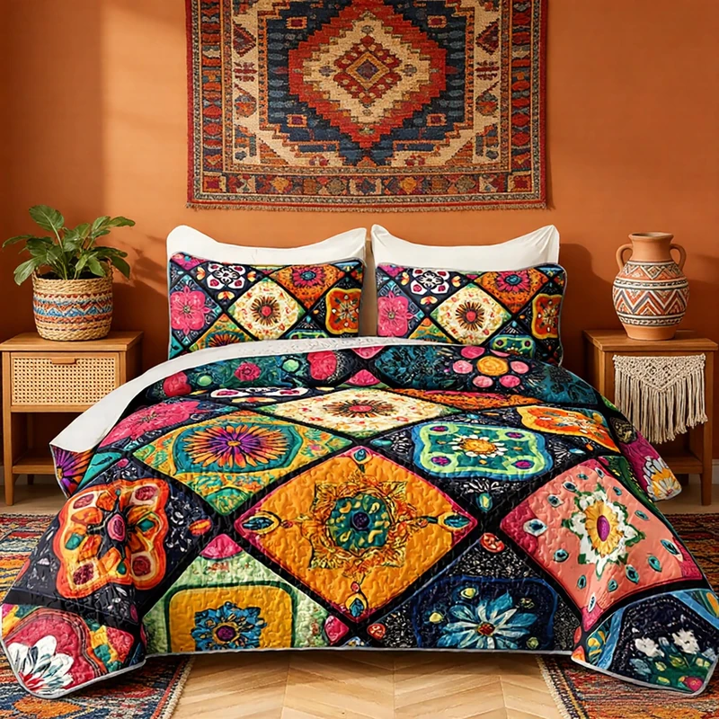 HOSIMA Bohemia Floral Plaid Patchwork Quilt Set Queen with 2 Pillowcases.
