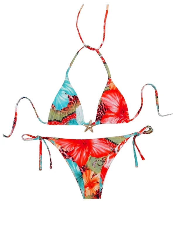 GORGLITTER Women's Leopard Floral Swimsuit Halter Tie Triangle String Thong 2 Piece Bikini Set Star Metal Sexy Swimwear Blue and Red XX-Small