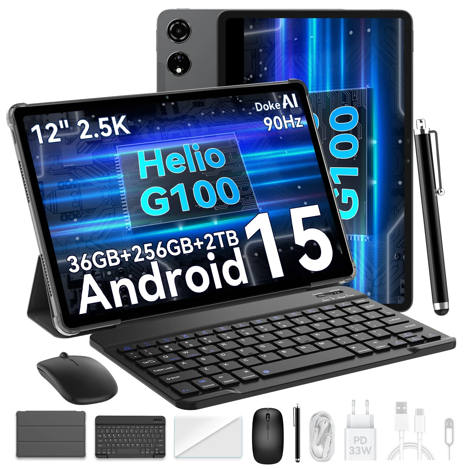 Blackview MEGA3 Tablet 12 inch Android 15 Helio G100 Gaming Cellular Tablet with Keyboard Mouse Pen Case & SIM Card Slot/36GB + 256GB (2TB)/2.5K 90 Hz FHD+ IPS/50MP + 13MP/ 4G LTE/5G WiFi/GPS/33W