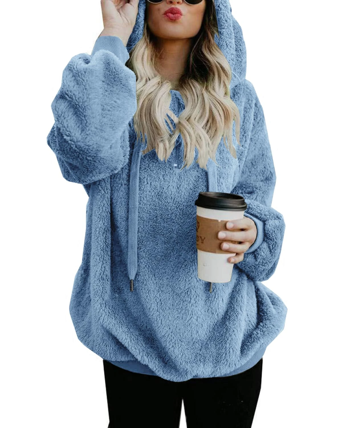 Hormtaer Womens Fleece Hoodie Oversized Jacket Casual Jumper Loose Long Sleeve Coat Winter Sweatshirt Warm Fuzzy Fluffy Zip Tops Pullover with Pockets (Blue, XXL)